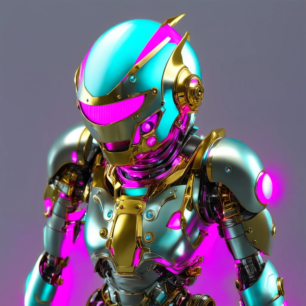 chromed light blue and gold ninja robot knight with red pink glowing cyclops mono eye