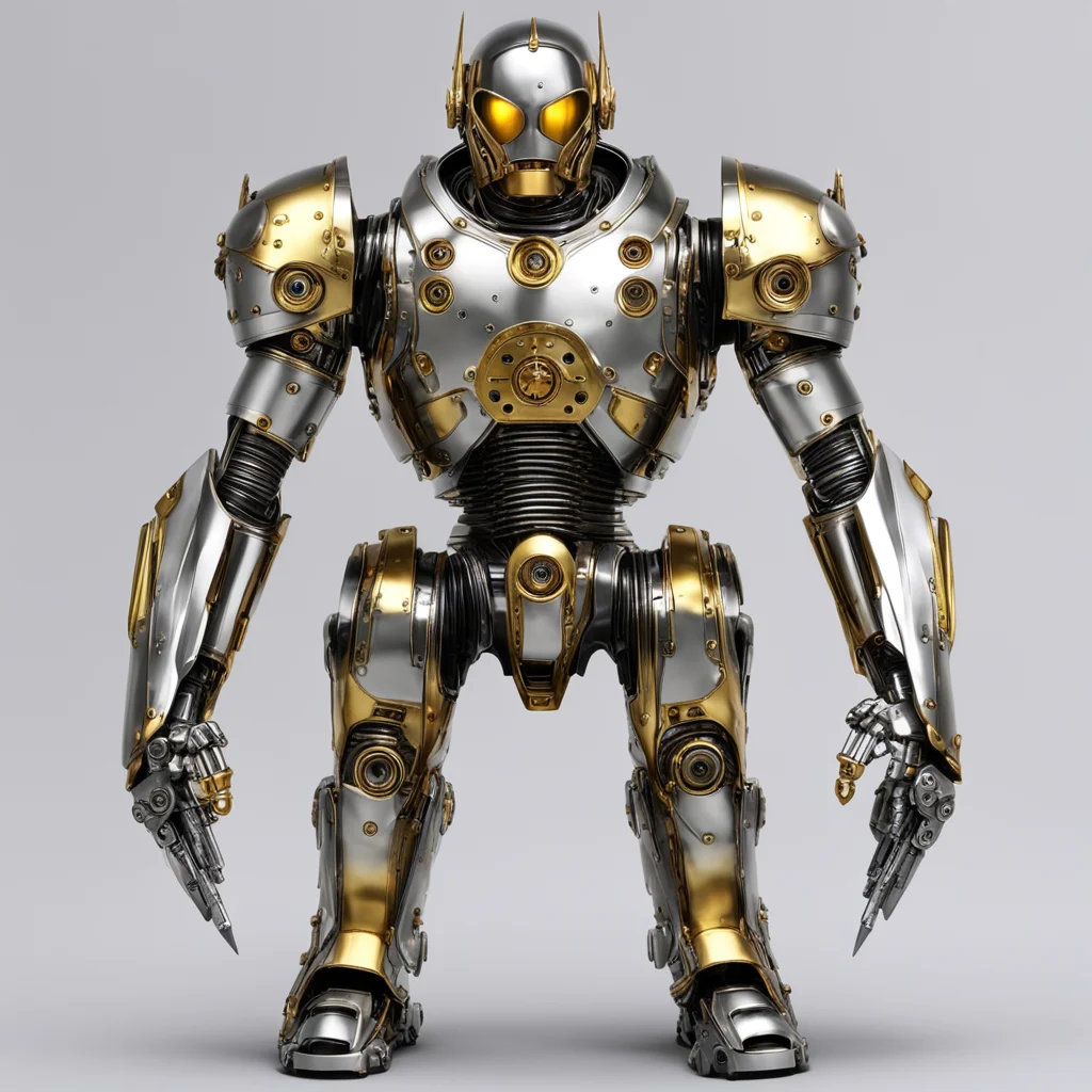 chromed silver and gold cyclops clockwork robot knight full body hyperrealistic 