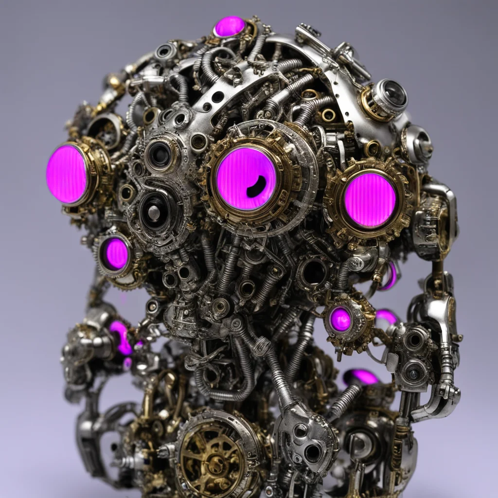 chromed silver and gold horrifying giger bio mechanical monster robots made with gears steampunk with glowing pink eye cyclops