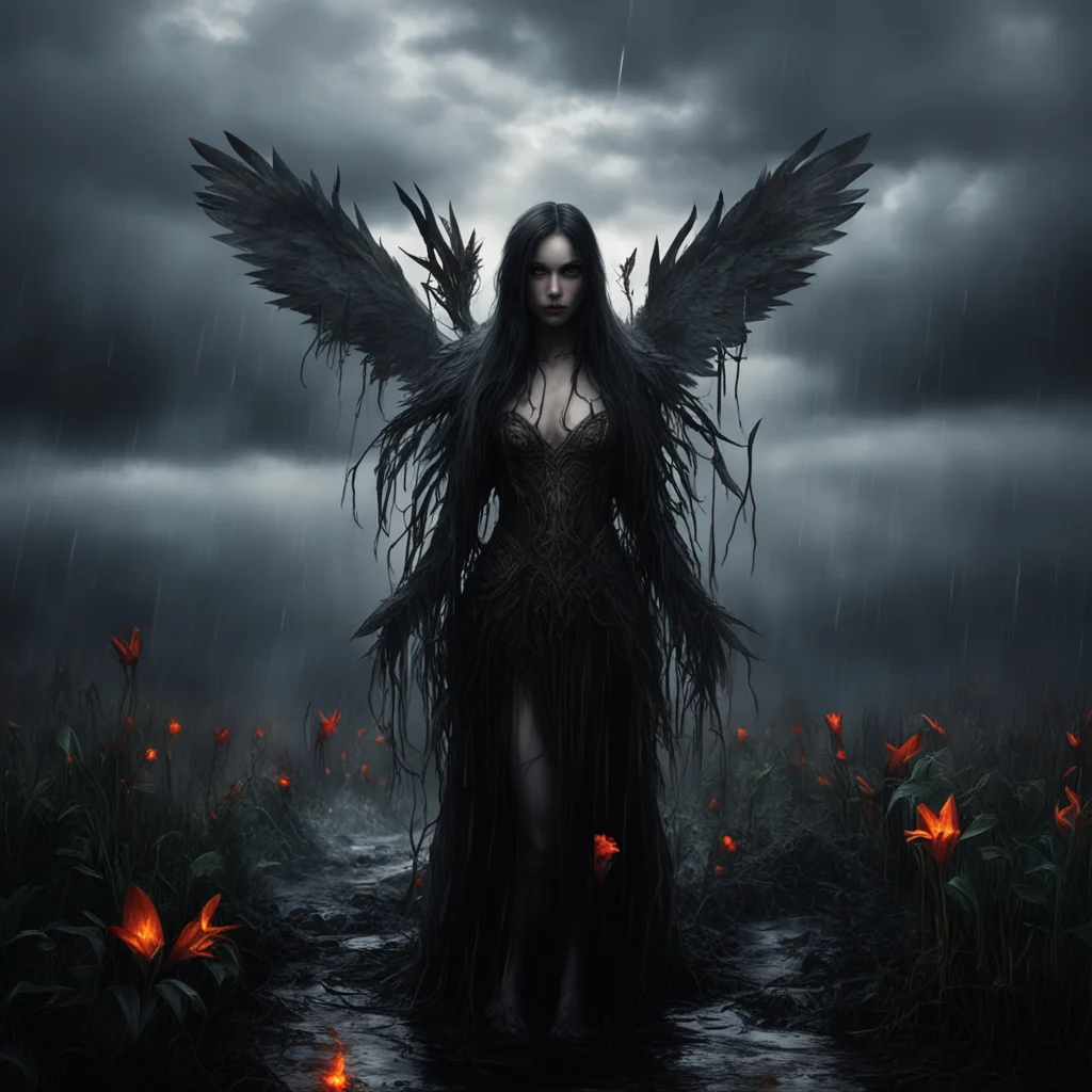 cinematic dark fantasy sorrow lillies thornes clouds rain embers angel amazing awesome portrait 2