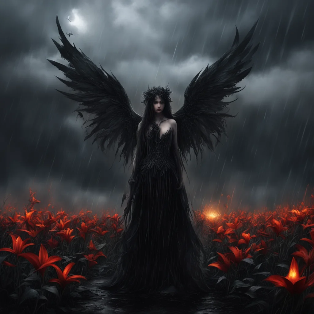 cinematic dark fantasy sorrow lillies thornes clouds rain embers angel confident engaging wow artstation art 3