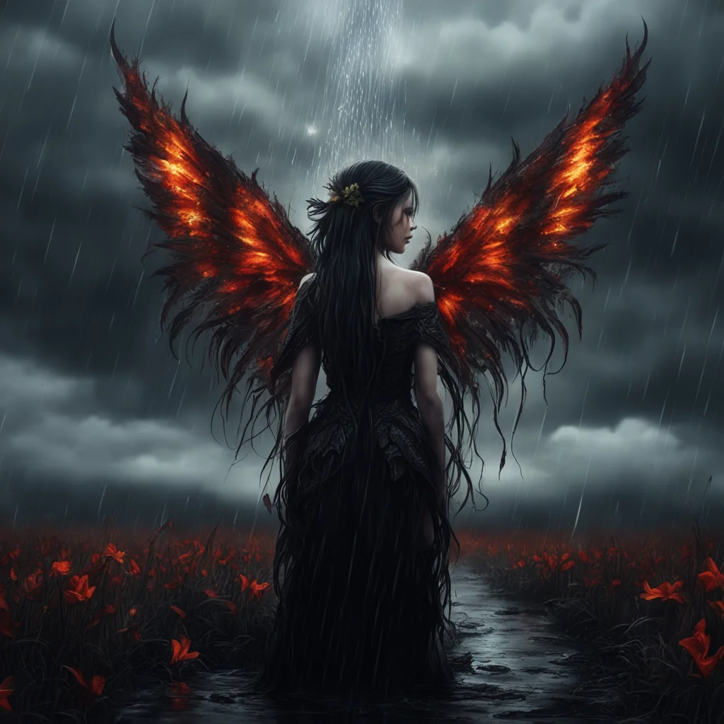 cinematic dark fantasy sorrow lillies thornes clouds rain embers angel good looking trending fantastic 1