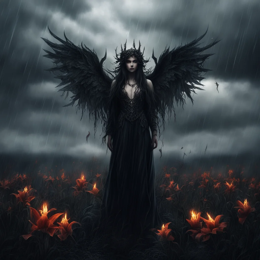 cinematic dark fantasy sorrow lillies thornes clouds rain embers angel