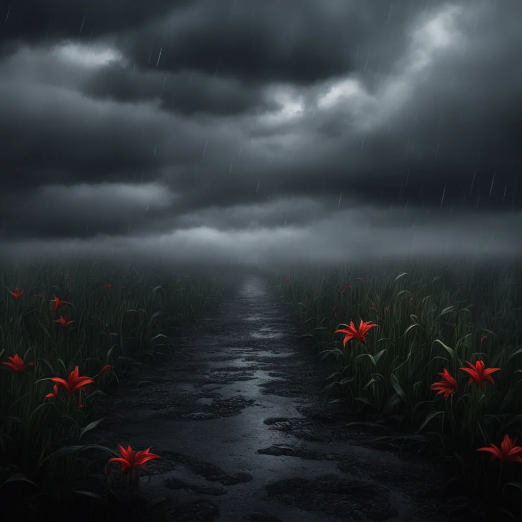 cinematic dark fantasy sorrow lillies thornes clouds rain embers