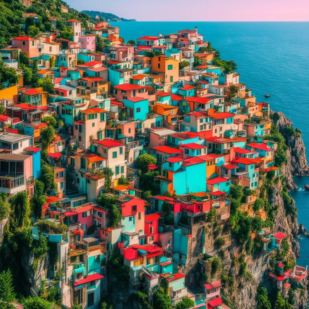 cinque terre italy retro futuristic raygun gothic stylehouses billboards neon japanese signs pagodas greek statues utopia good looking trending fantastic 1