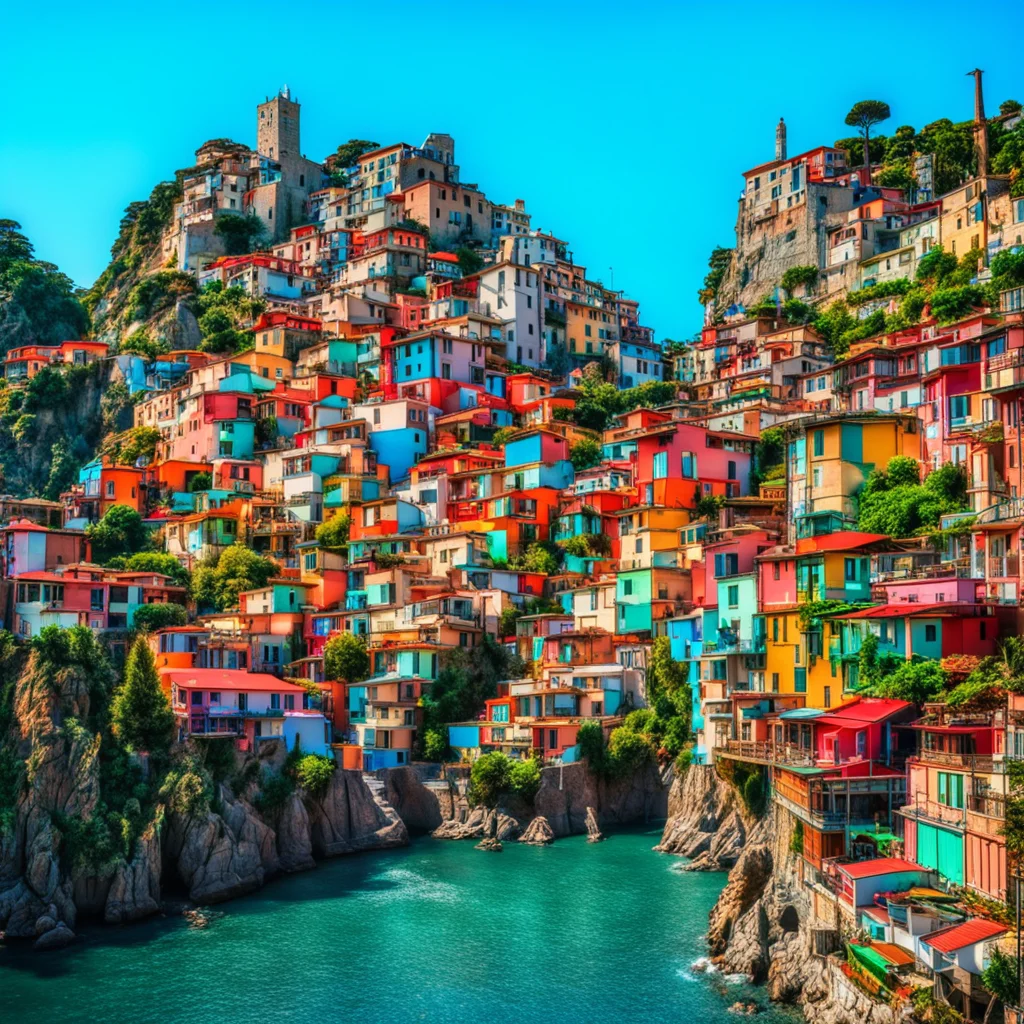 cinque terre italy retro futuristic raygun gothic stylehouses billboards neon japanese signs pagodas greek statues utopia