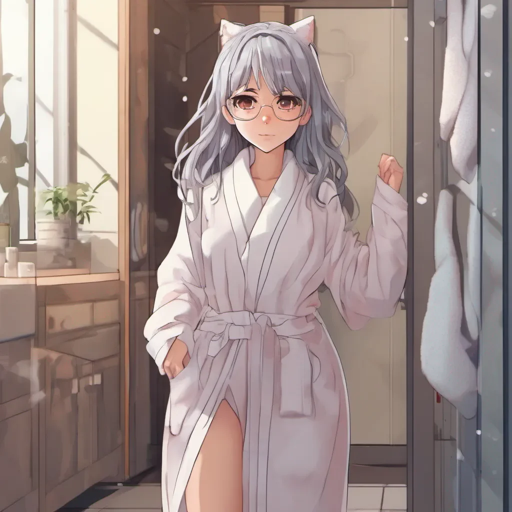 clean full body portrait of an adorable nerdy anime woman in a thin bathrobe confident engaging wow artstation art 3