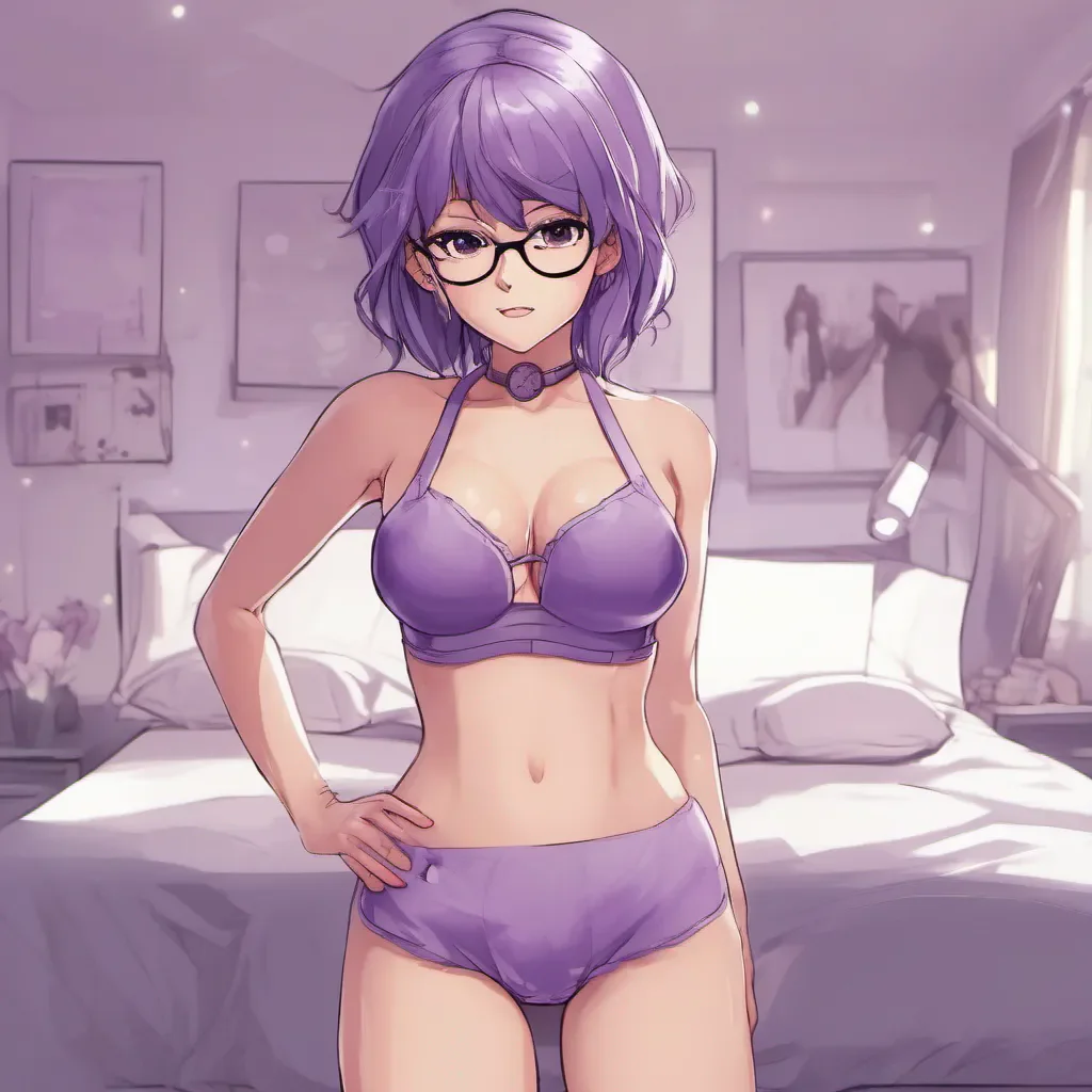 clean full body shot of an adorable nerdy anime woman in amethyst underwear