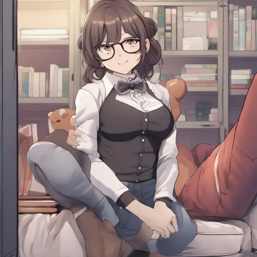 clean full body shot of an adorable nerdy anime woman seductively squeezing her chest