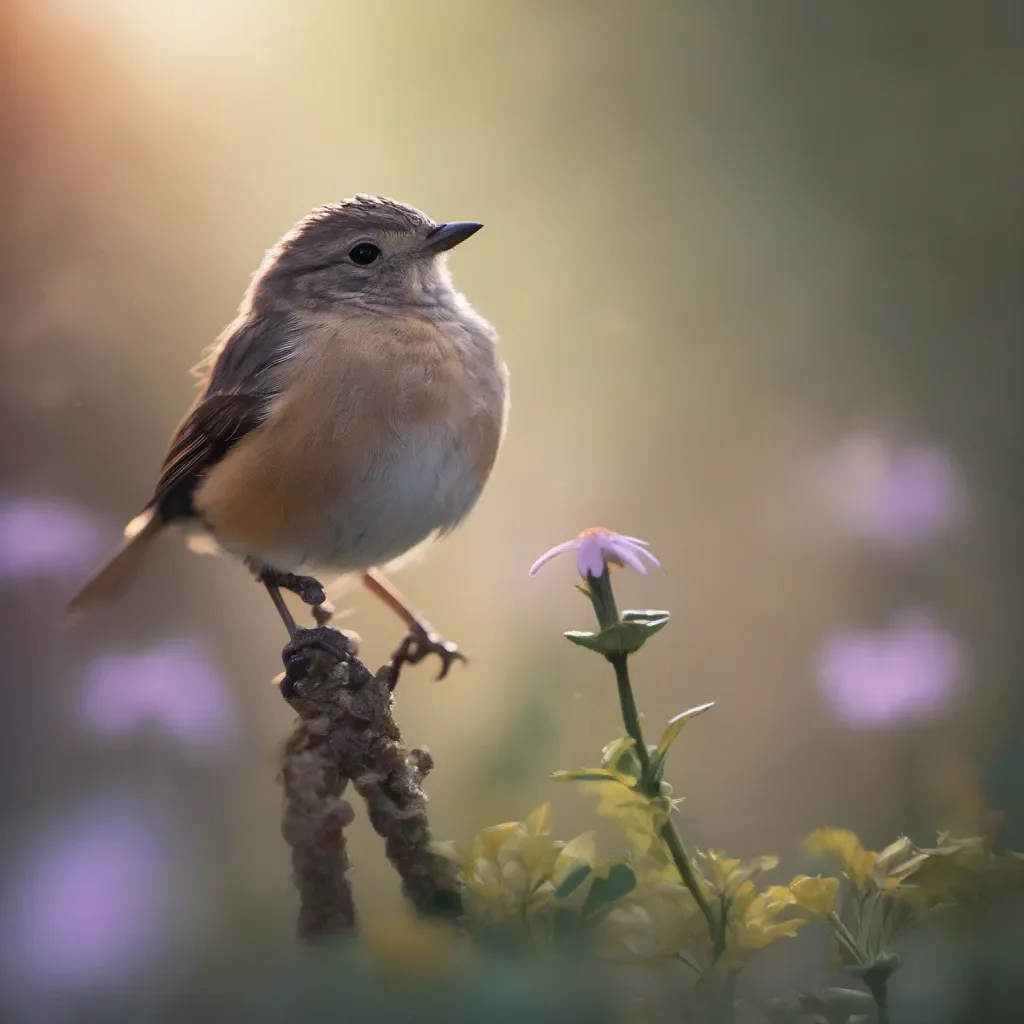 close up of a little bird sitting next to a forest star flower in a forest%2C cute photograph%2C amazing morning%2C atmospheric amazing awesome portrait 2