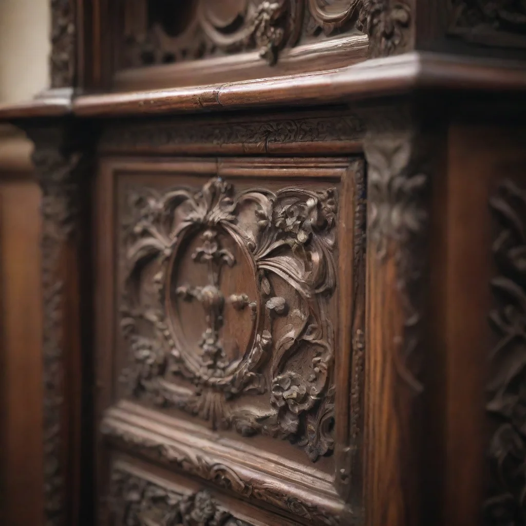 aiclose up of an ornate wooden cabinet%2C old dark brown%2C blurred at the edge