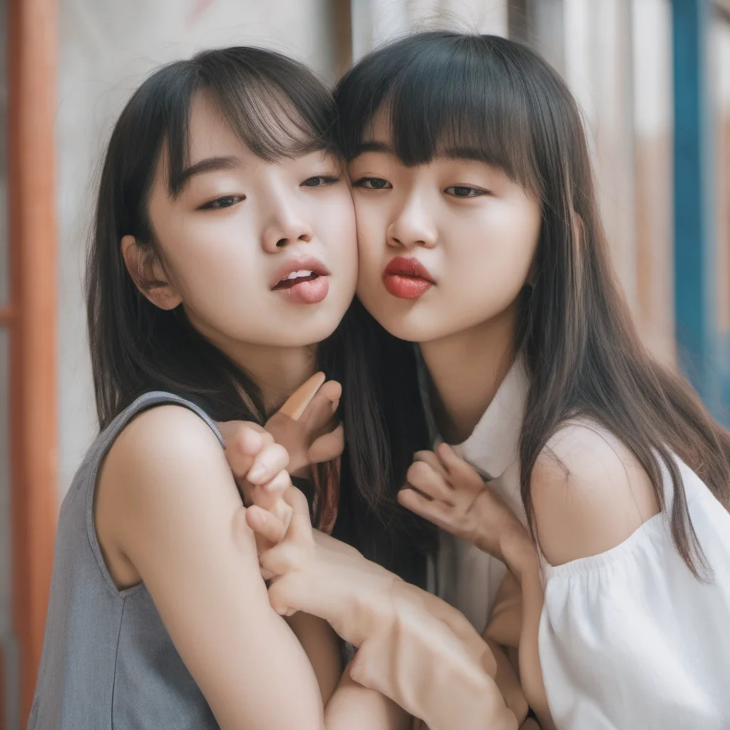 aiclose up of two asian girls french kissing with lips%2C tongues and saliva