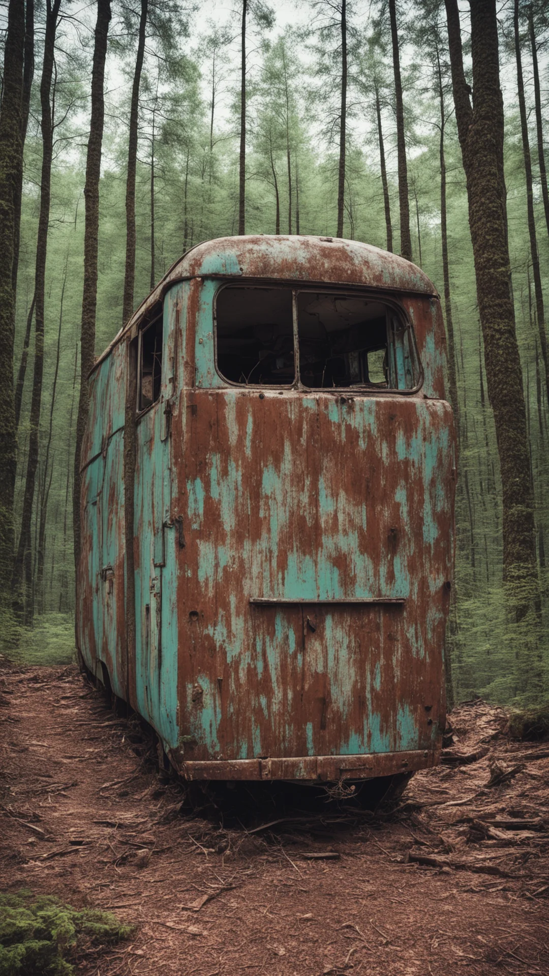 close up shot of abandoned 80s trailer van in the woods junk rusty corroded vintage wide angle day time atmospheric wint confident engaging wow artstation art 3 tall