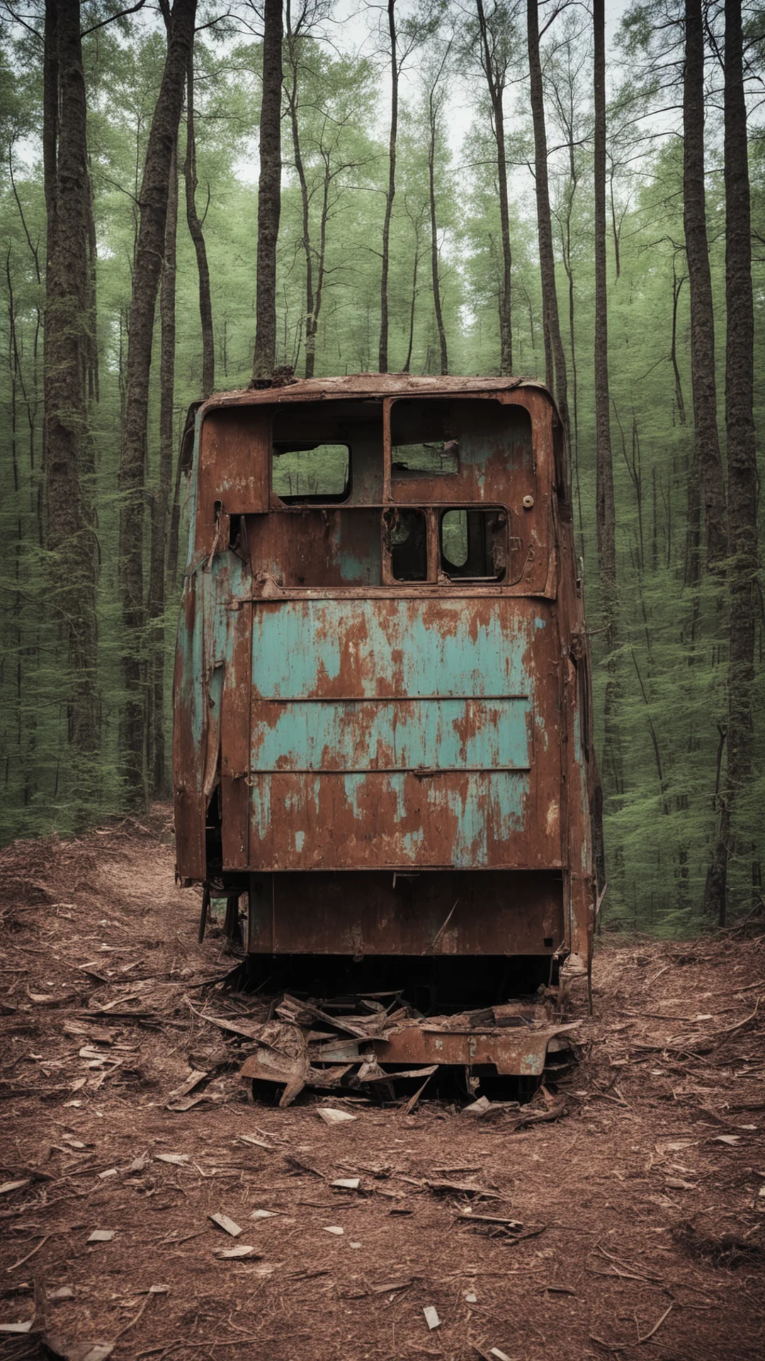 close up shot of abandoned 80s trailer van in the woods junk rusty corroded vintage wide angle day time atmospheric wint good looking trending fantastic 1 tall