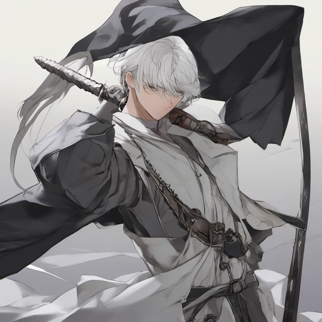 aiclosed left eye%2C ponytail haircut%2C side bangs%2C white hair%2C tall male%2C sword on hip%2C black cloak%2C hd amazing awesome portrait 2