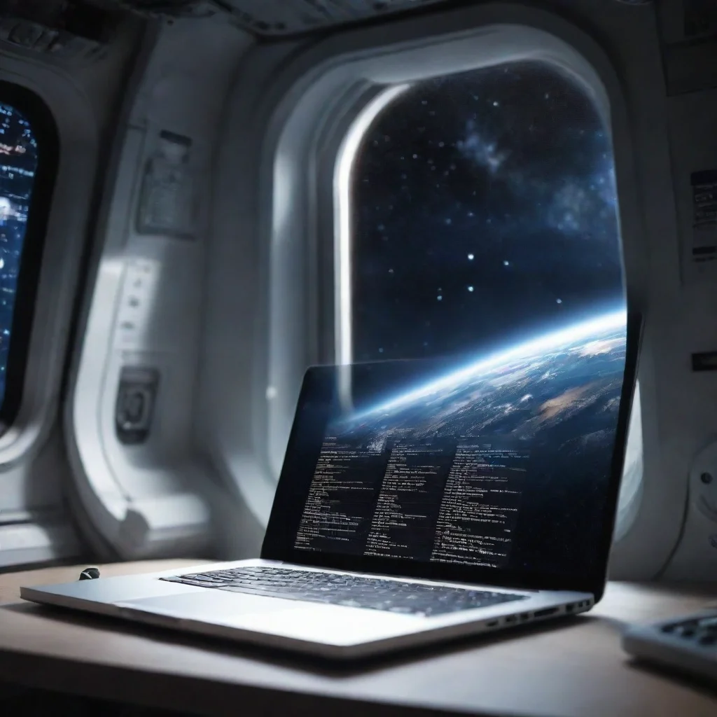 coding on laptop astronaught space station other galaxy in window aesthetic hd