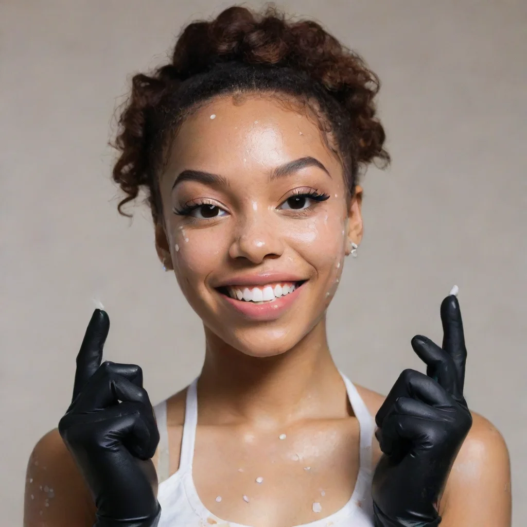 coi leray smiling with black deluxe nitrile  gloves  and gun and mayonnaise splattered everywhere