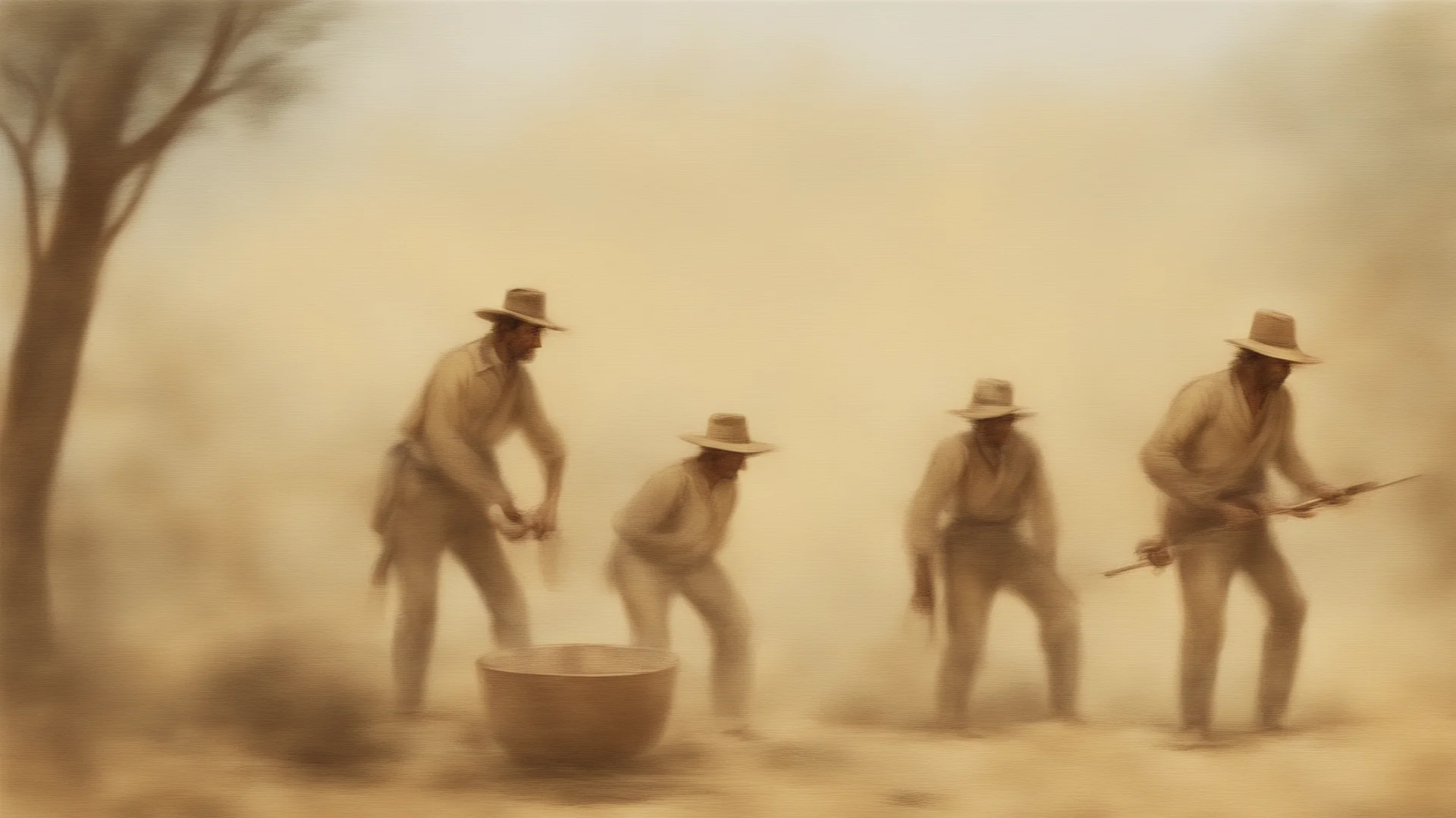 color sketch of two 19th century australian prospecters striking gold in the outback wide