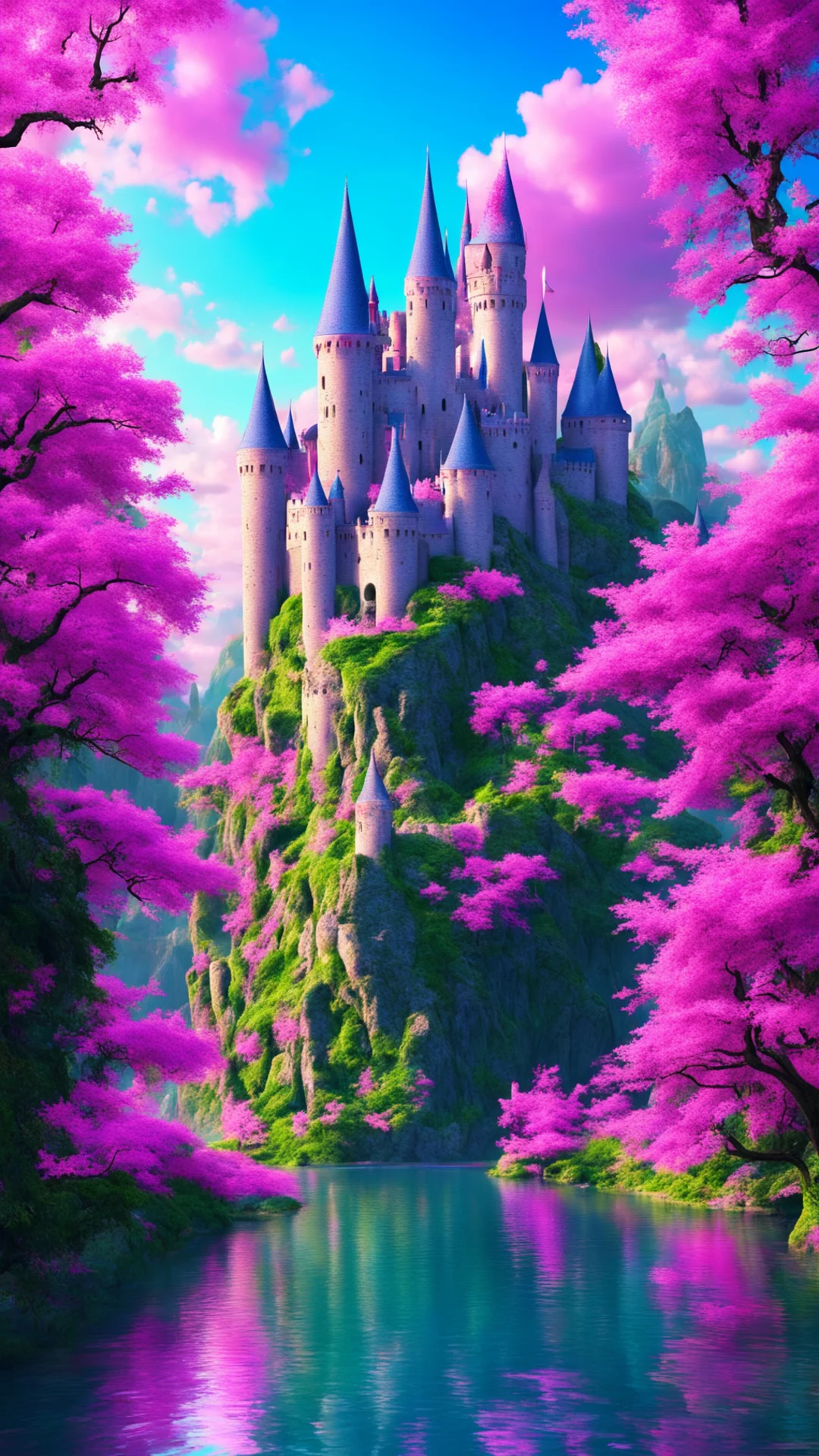 colorful amazing castle epic blue and pink fantasy castle moat amazing awesome portrait 2 tall