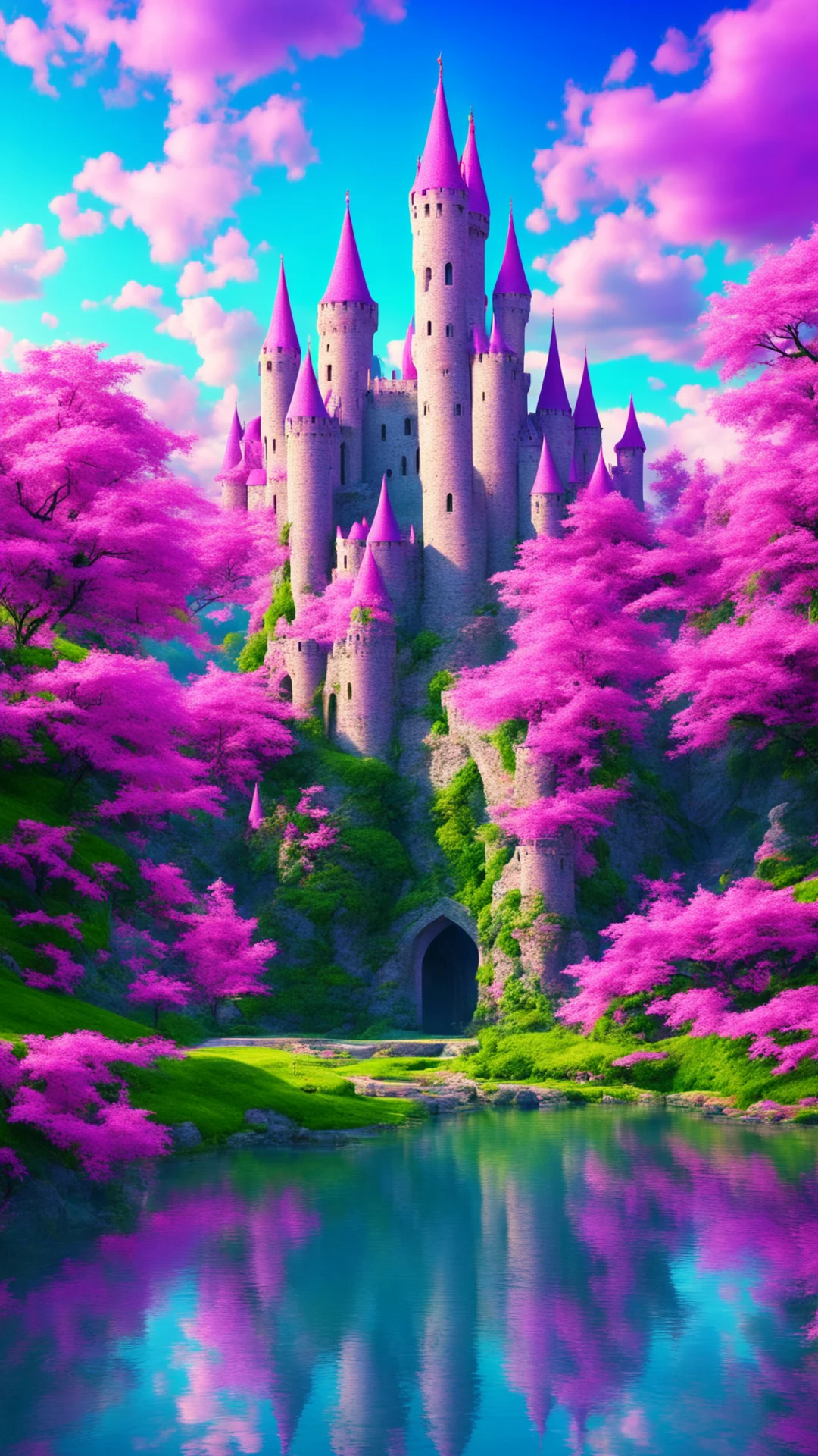 colorful amazing castle epic blue and pink fantasy castle moat confident engaging wow artstation art 3 tall