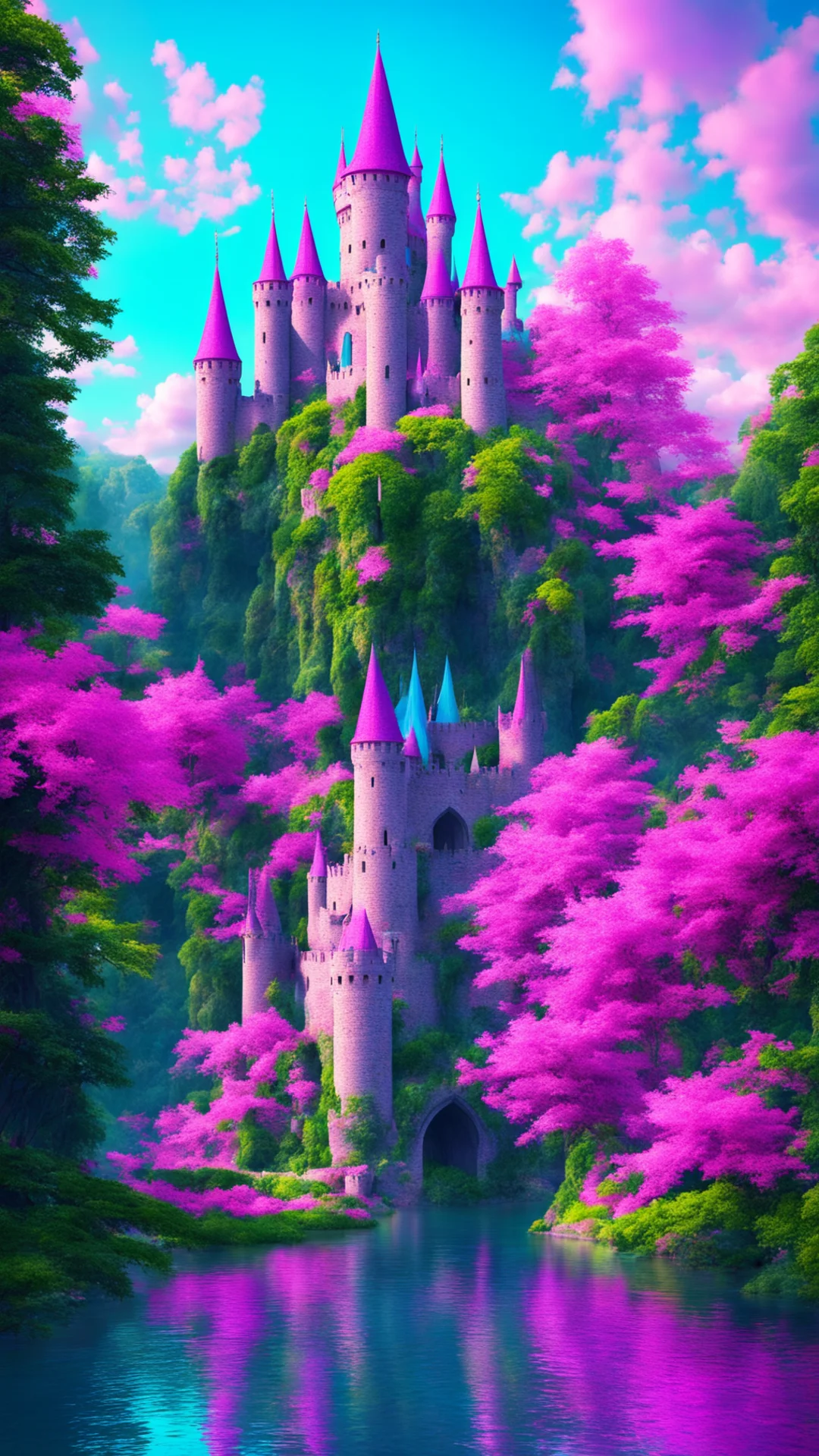 colorful amazing castle epic blue and pink fantasy castle moat tall