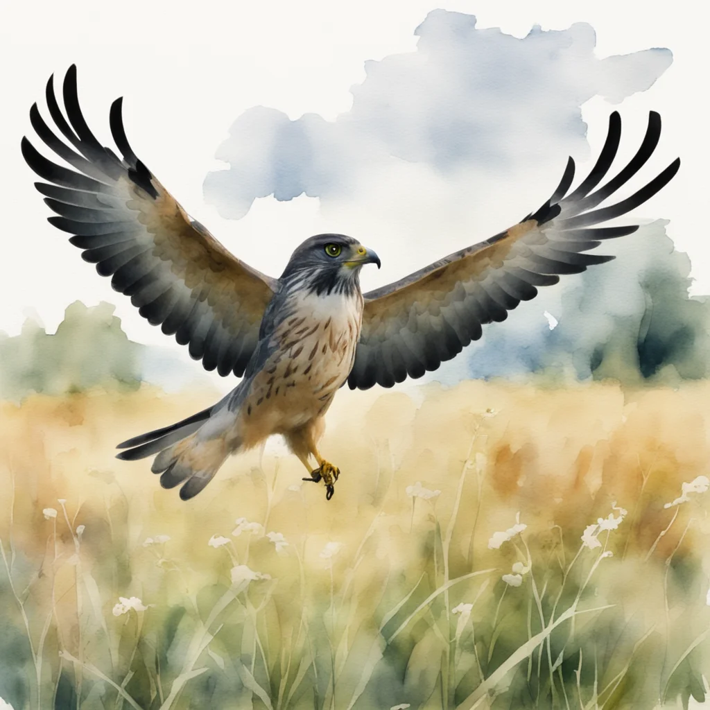 aicooper%27s hawk flying twoards camera in watercolor style in a field confident engaging wow artstation art 3