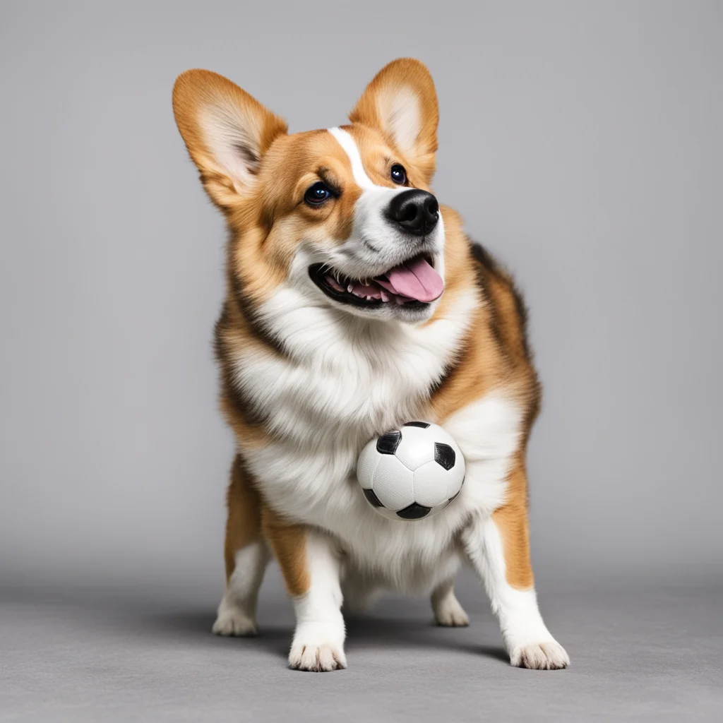 aicorgi dog holding a soccer ball