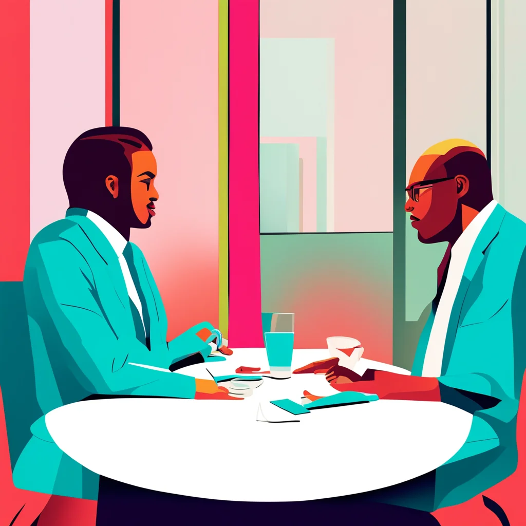 aicorporate memphis art style%3A two people conversing at a table amazing awesome portrait 2