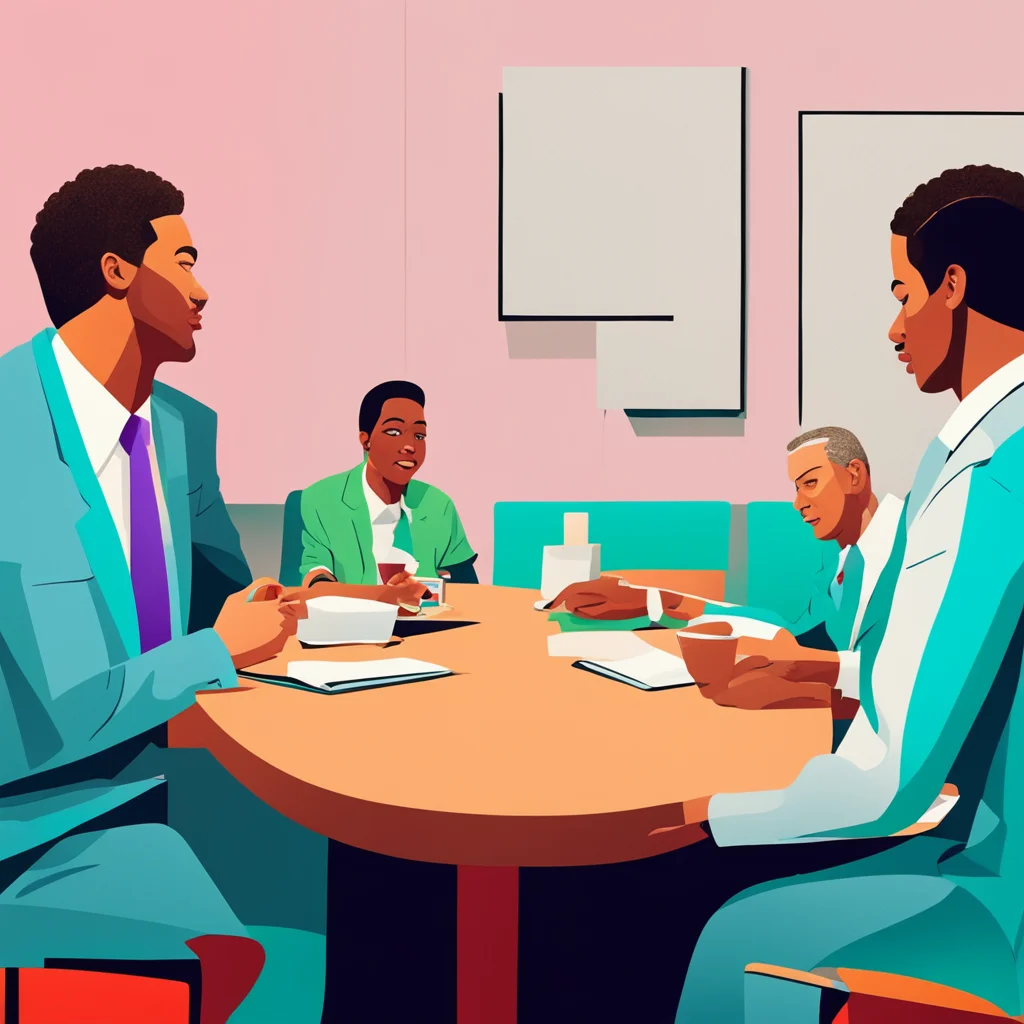 aicorporate memphis art style%3A two people conversing at a table confident engaging wow artstation art 3