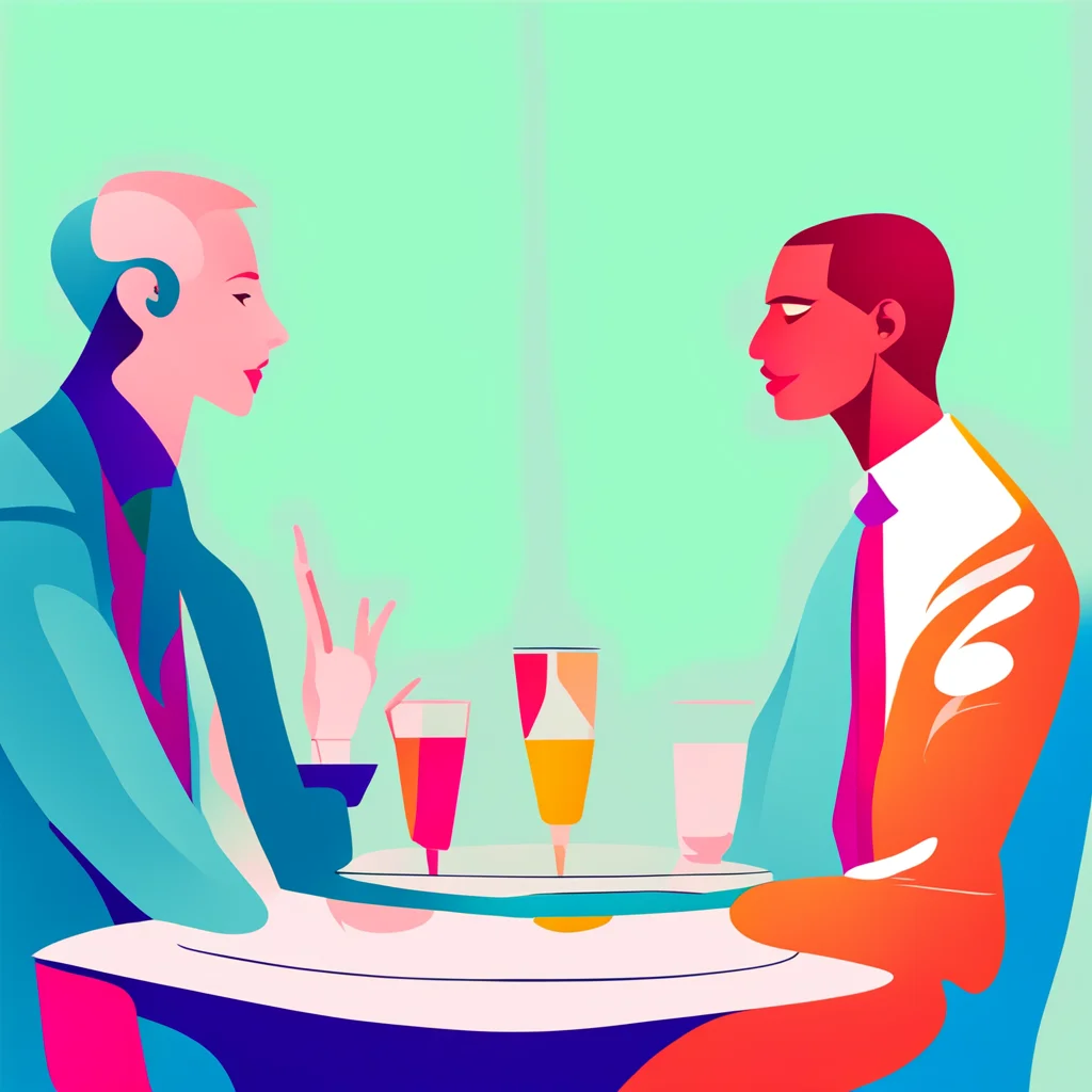 aicorporate memphis art style%3A two people conversing at a table