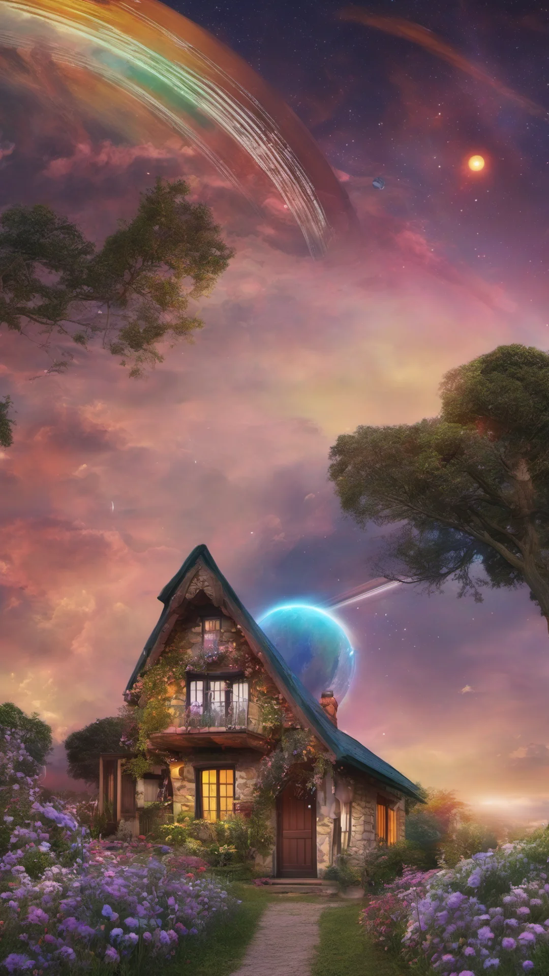 cottage with colorful earth like glowing circle planet with saturn rings at the top of the sky amazing awesome portrait 2 tall