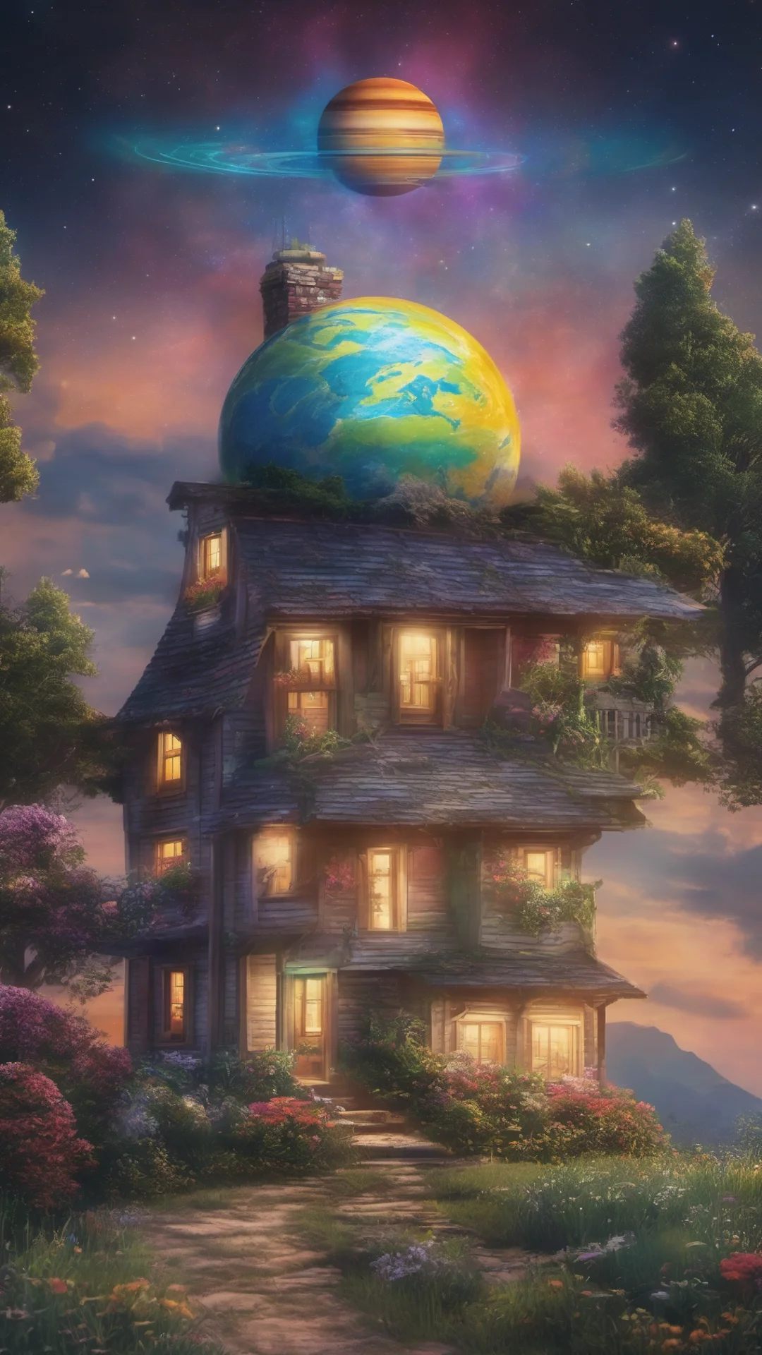 cottage with colorful earth like glowing circle planet with saturn rings at the top of the sky tall