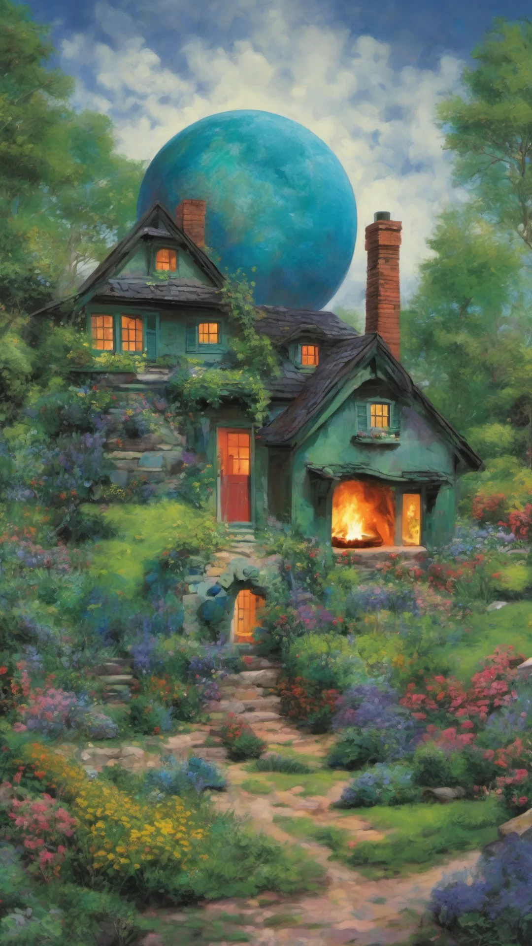 cottage with colorful green and blue earth like planet rising above smoke from chiminea confident engaging wow artstation art 3 tall