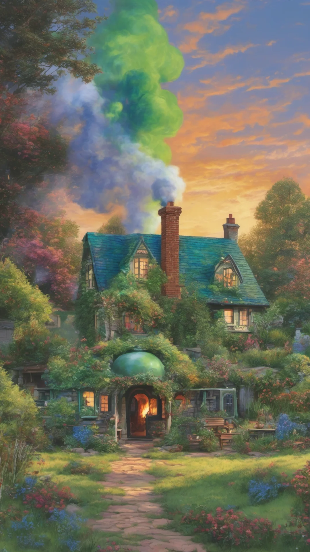 cottage with colorful green and blue earth like planet rising above smoke from chiminea tall