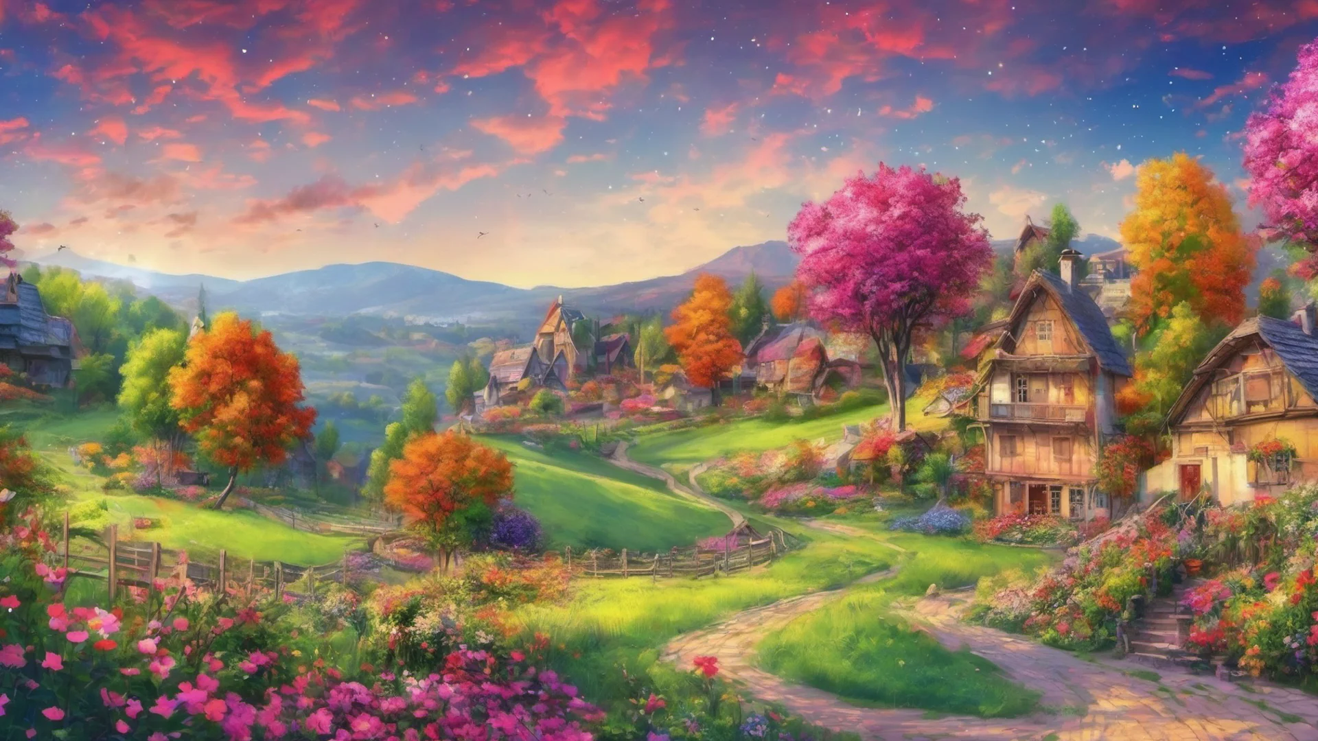 aicountryside village stunning colorful flowers colorful trees colorful stary sky epic lovely  confident engaging wow artstation art 3 wide