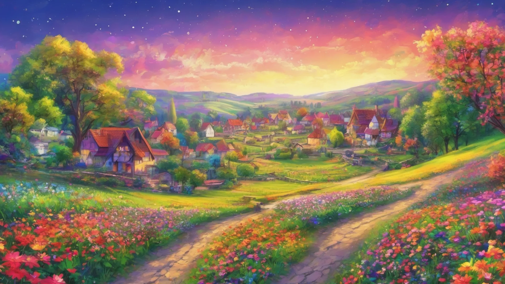 aicountryside village stunning colorful flowers colorful trees colorful stary sky epic lovely  good looking trending fantastic 1 wide