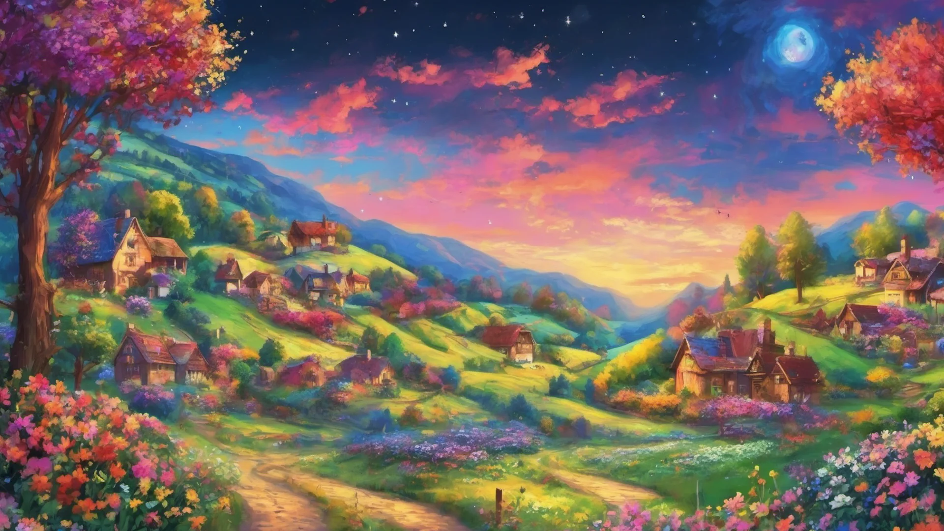 countryside village stunning colorful flowers colorful trees colorful stary sky epic lovely  wide