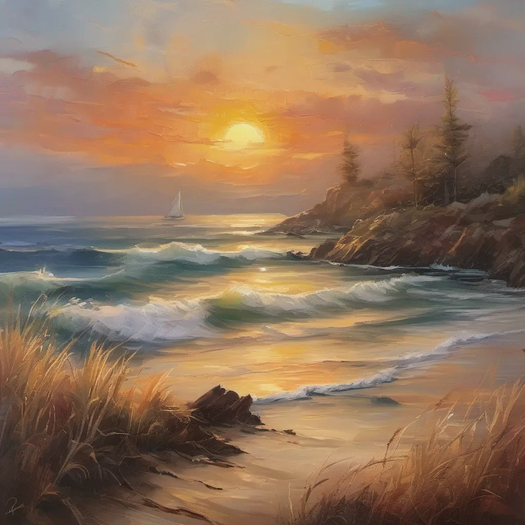 craft a vivid depiction of an awe inspiring sunset over a tranquil coastal landscape. capture the interplay of warm hues as the sun dips below the horizon%2C casting a golden glow on the gentle waves.