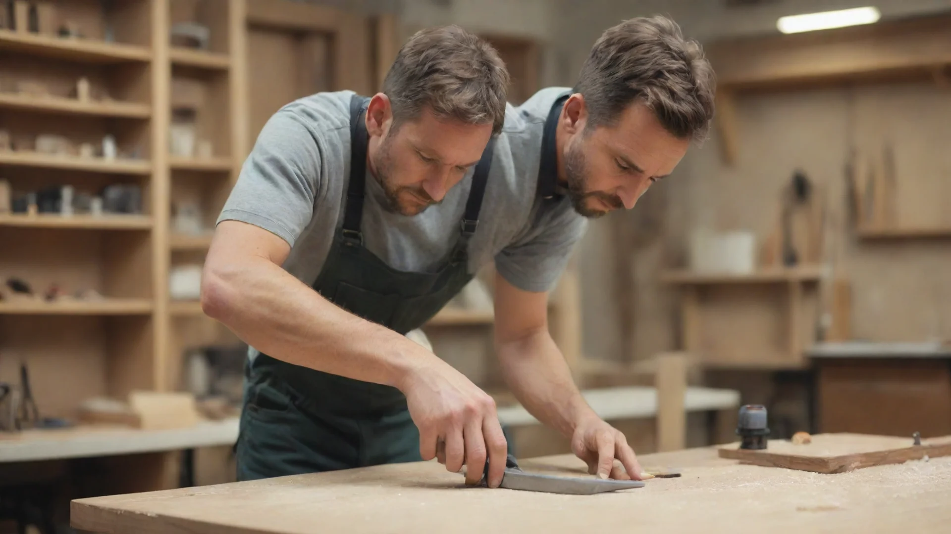 aicraftsman working on furniture%2C background blurred workshop hdwidescreen