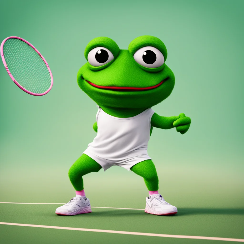 create a digital art photo of pepe the frog playing tennis