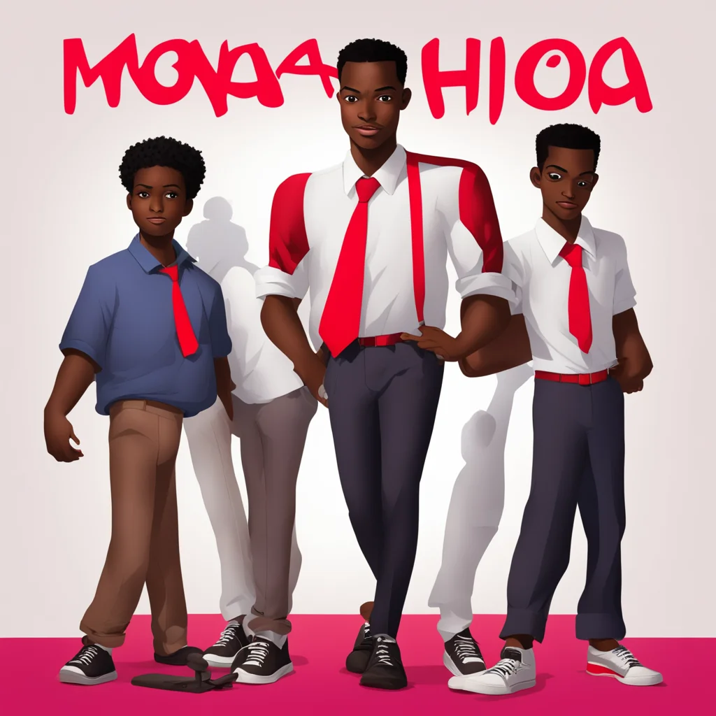 create a disney cartoon picture cover art of darkskin high school students with red tie and white shirt with brown pants and shoes showing the title %22mona high school%22 starring %22akeel watson%2