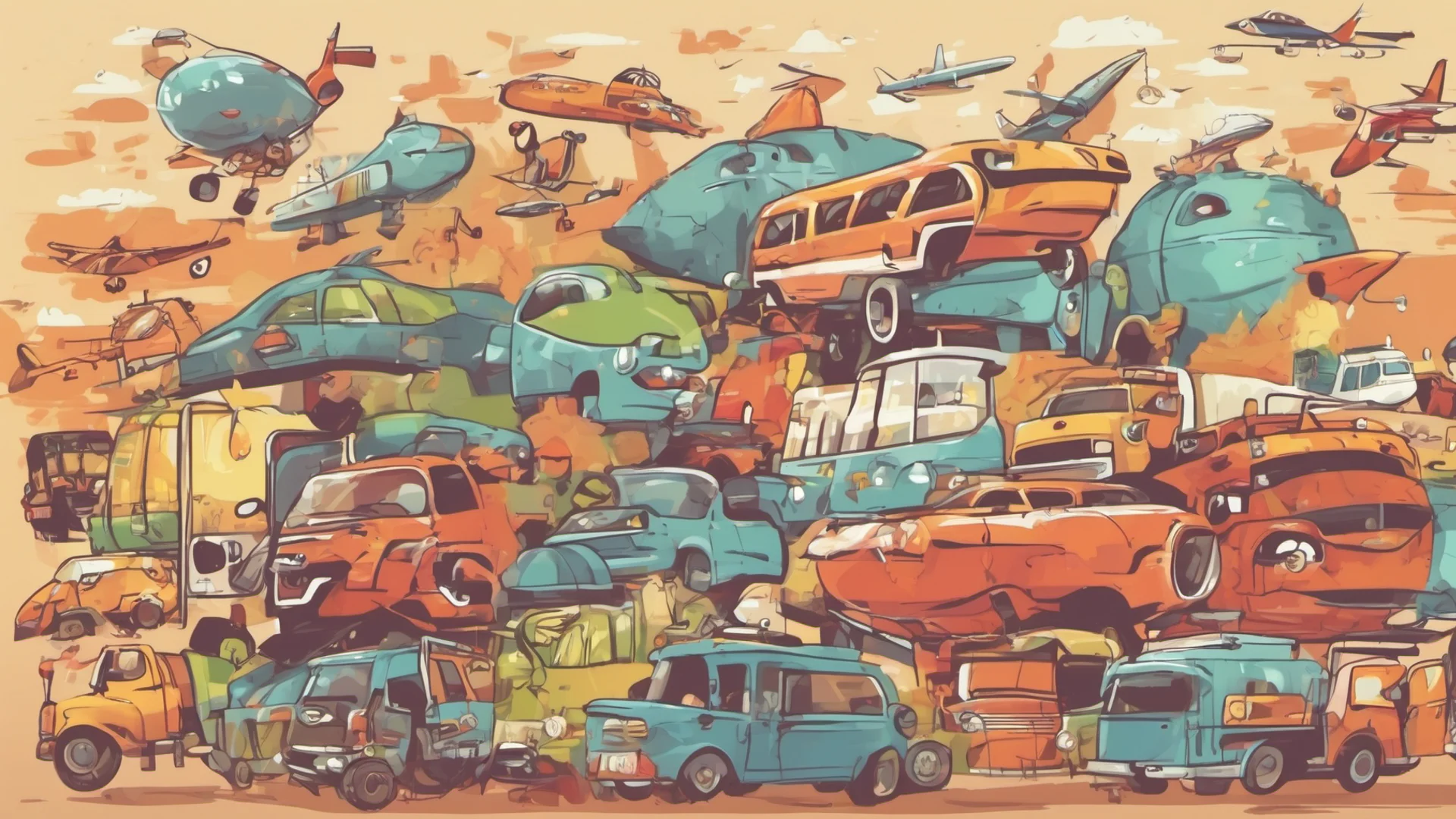 create a fun image of transportation means for a youtube thumnail confident engaging wow artstation art 3 wide