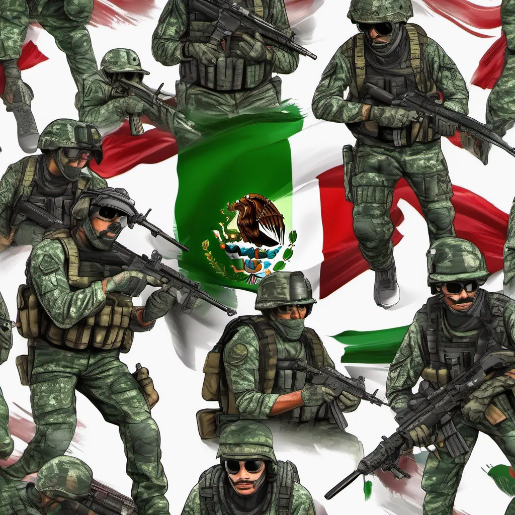 create a highly realistic illustration of a mexican special forces military operative in the style of call of duty%2C set against the backdrop of the mexican flag. capture intricate details in the soldier%27s uniform%2C equipment%2C