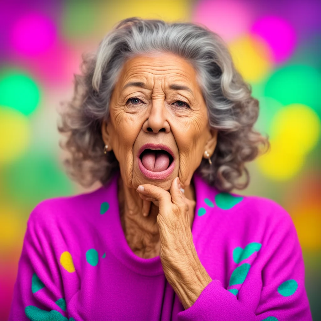 create a hyper realistic photo of an older stylish latin woman with face of anguish holding her sore throat with both hands. use bokeh background and colorful clothes. confident engaging wow artstat