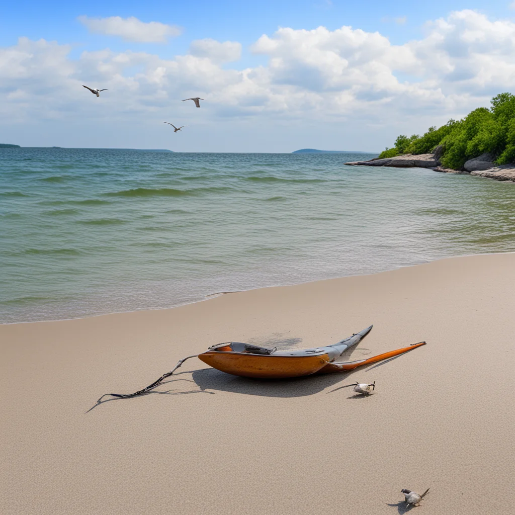 create a picture of a beach along the delaware river usa with calm waves and a kayak resting in the surf while a horseshoe crab is crawling back into the water and a seagull watches.