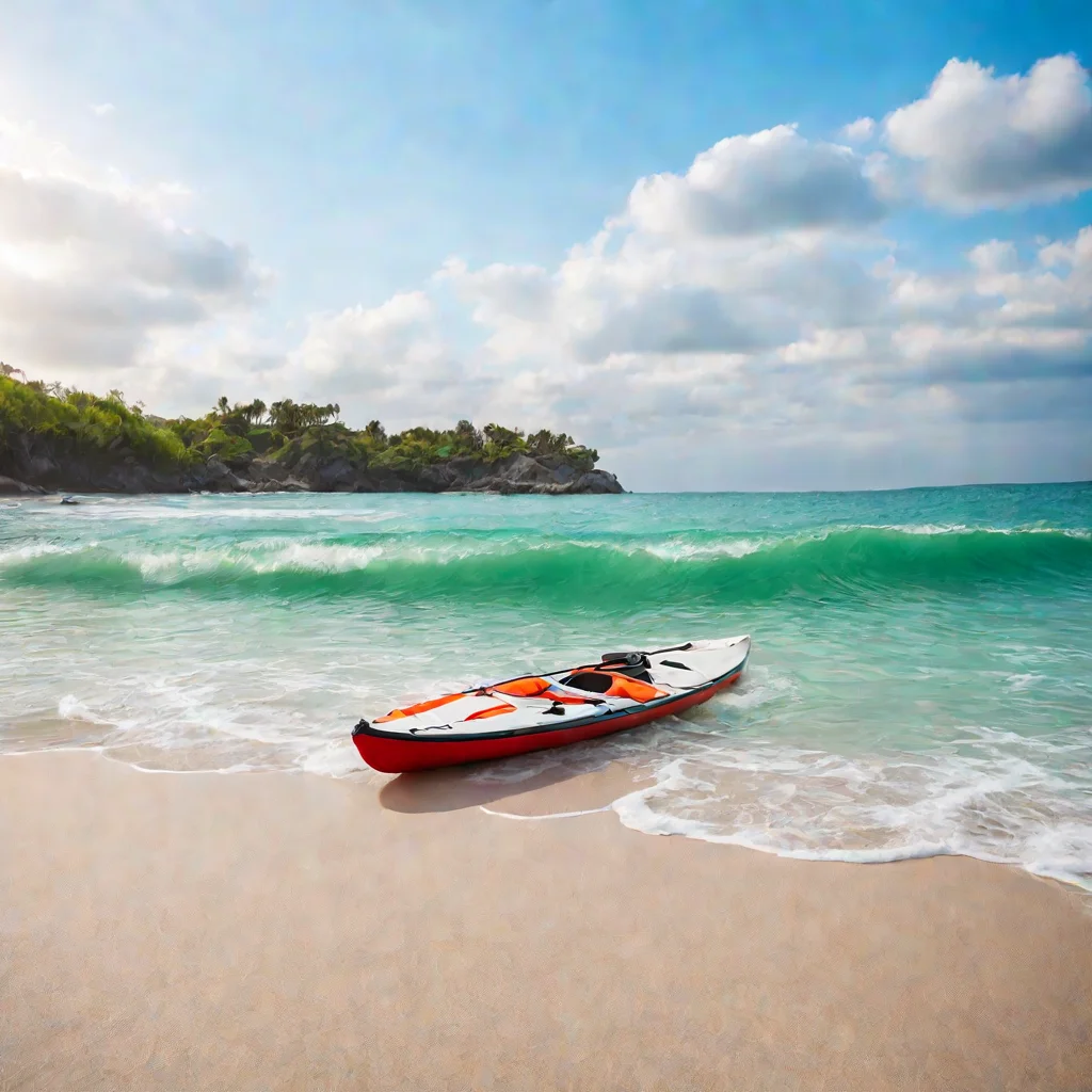 create a picture of a beach with calm waves and a kayak resting in the surf