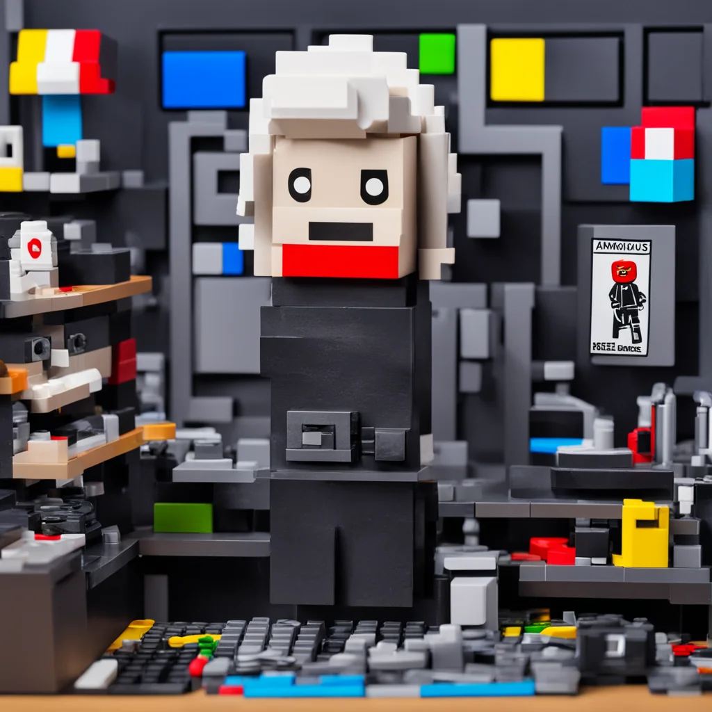 create a picture of a lego set which depicts a hacker in his lair. with %22free assange%22 poster on the wall and a pirate flag. use the anonymous mask logo as the screen saver on
