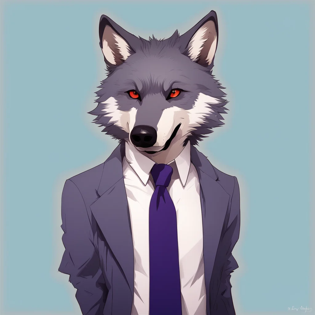 create a picture of an anthropomorphic wolf in a smart casual outfit anime style