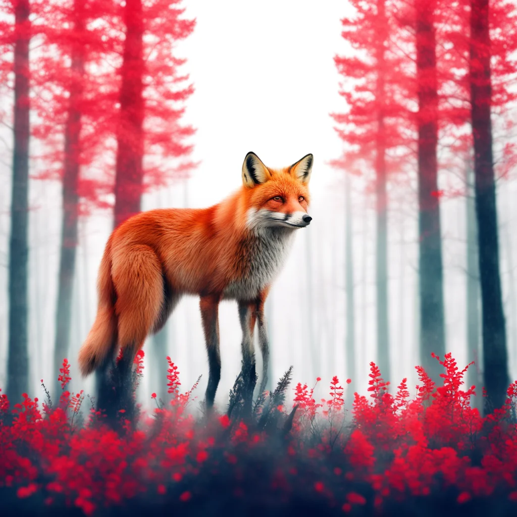 create a surreal red double exposure photo of a fox and a forest.  the background should be minimalist and white. amazing awesome portrait 2