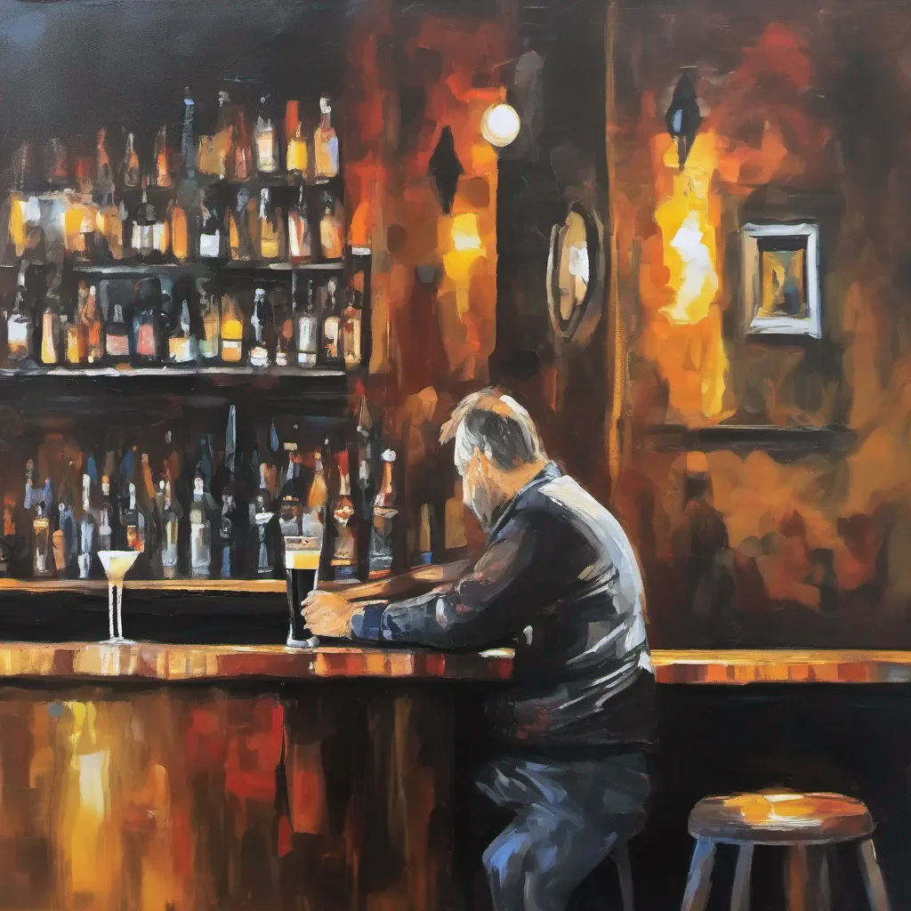 create and oil abstract of man sitting alone at bar counter drinking pint of guiness good looking trending fantastic 1